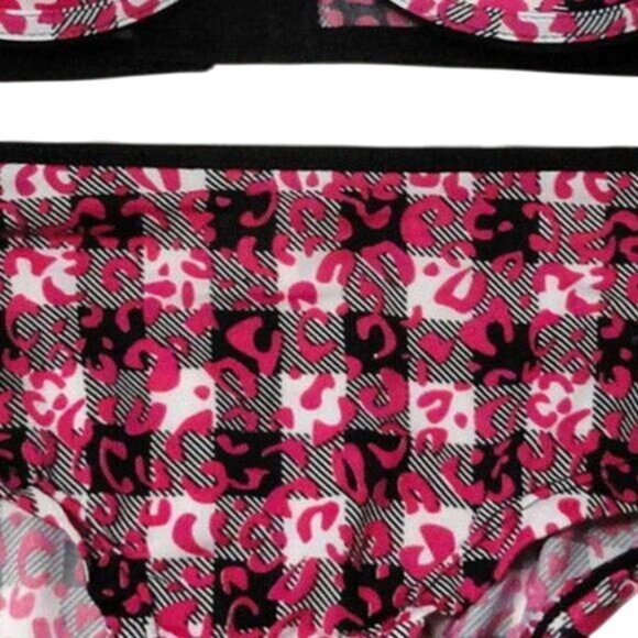Inteco Intimates Size 34C 5 Small Bra Panty Set Pink Black Leopard Lingerie NEW - Picture 3 of 5
